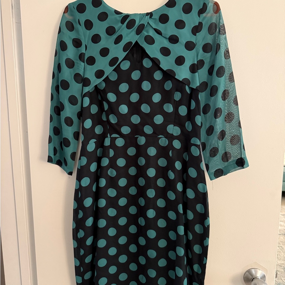 Topshop Teal and Black Polka Dot 3/4 Sleeve Dress
